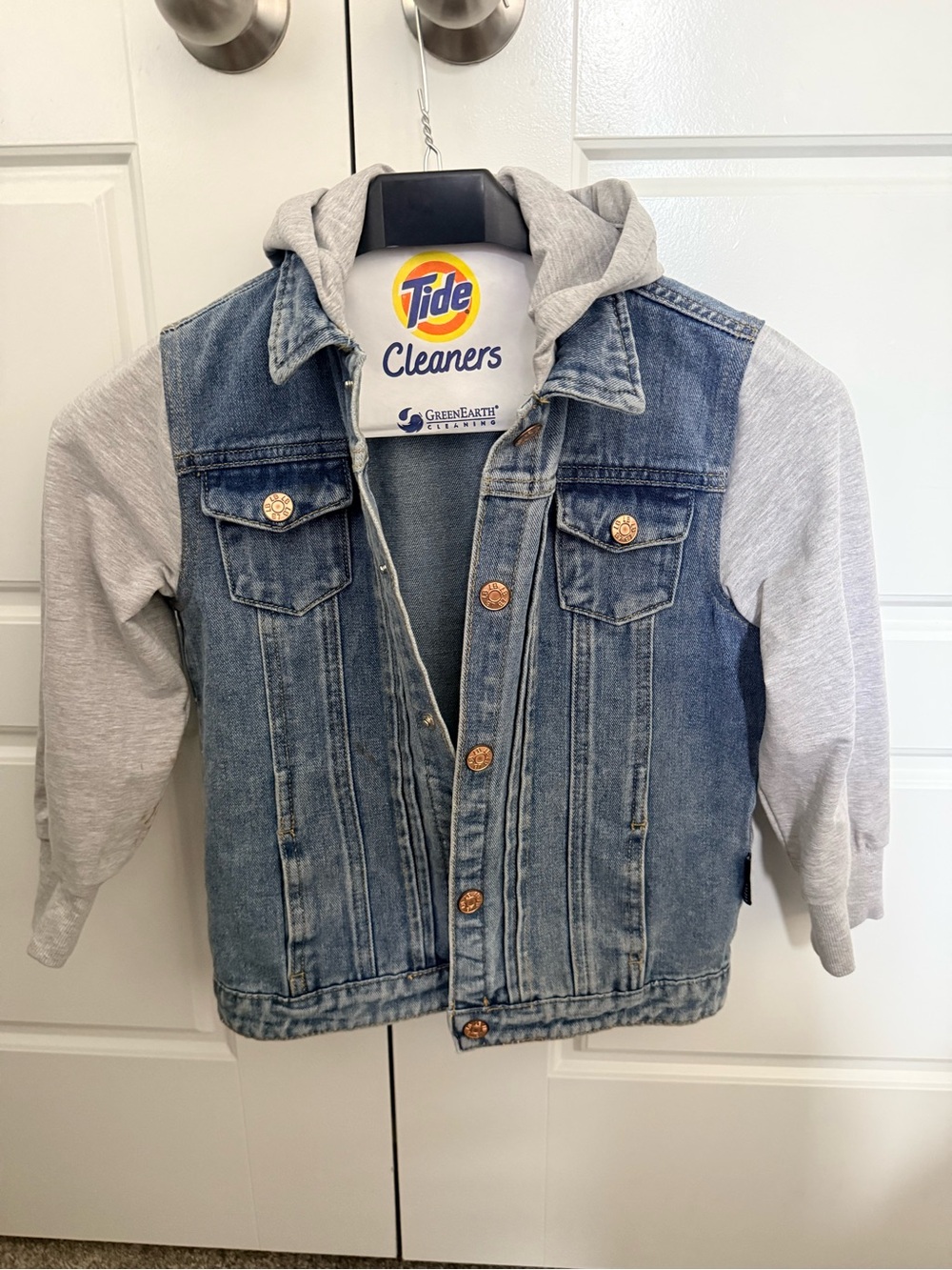 Little Bipsy Blue Denim Jacket with Gray Hoodie Sleeves